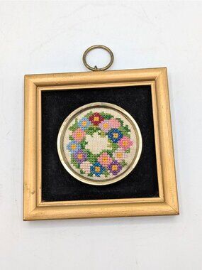 Miniature Petit Point Needlepoint Floral Wreath Hanging Gold Wooden Frame 4.25"